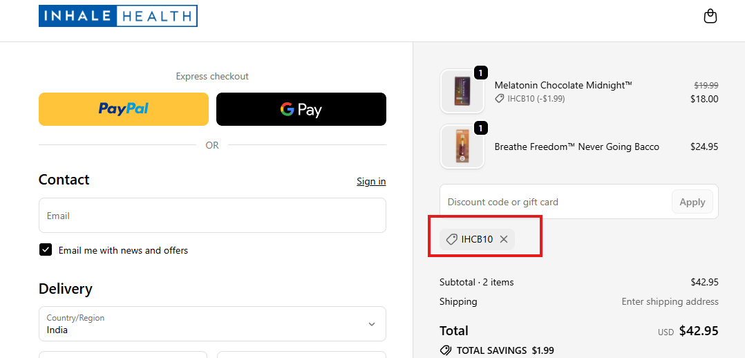 Coupon verification screenshot on Inhale Health