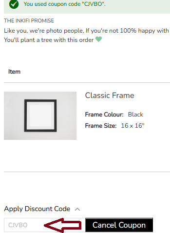 Coupon verification screenshot on Inkifi