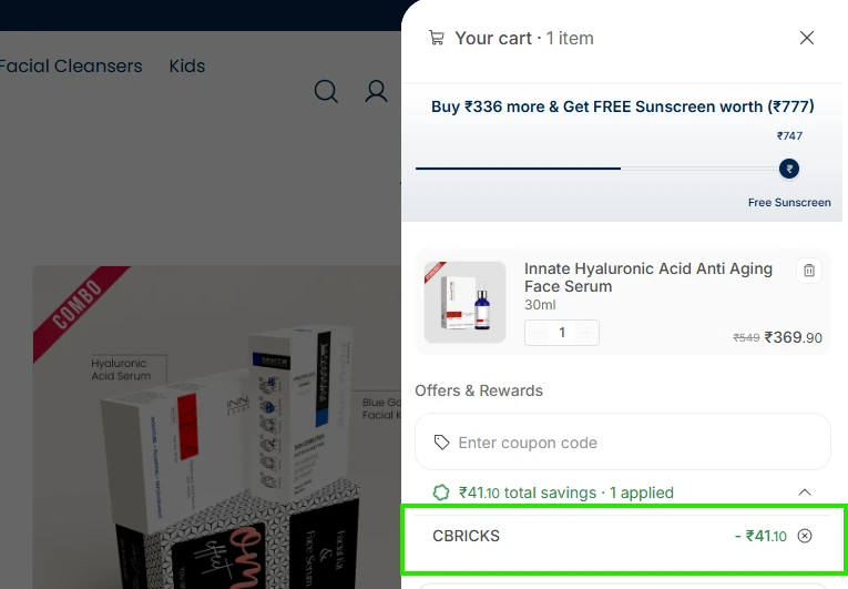 Coupon verification screenshot on Innate Essentials