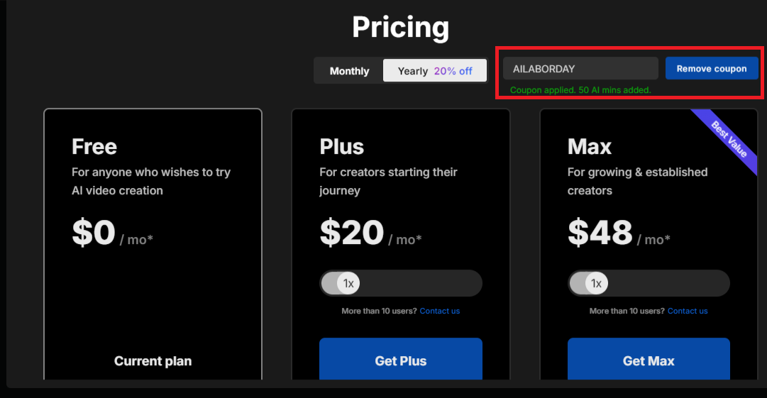 Coupon verification screenshot on Invideo