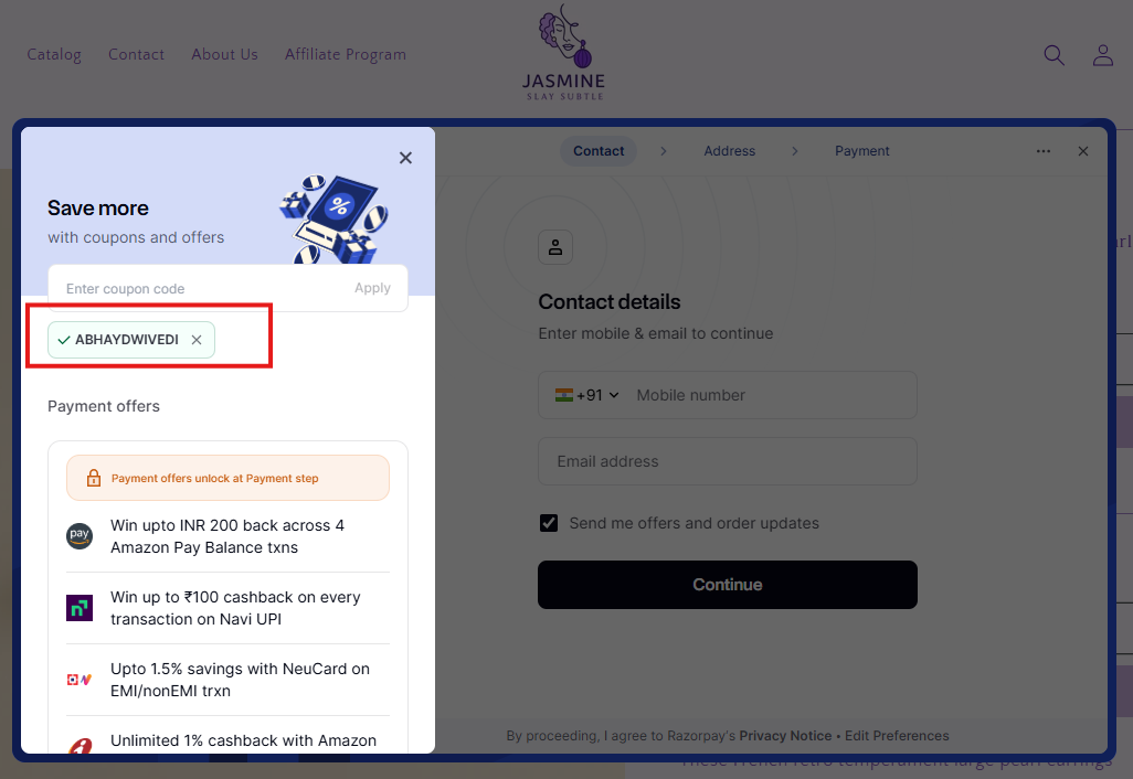 Coupon verification screenshot on Jasmine Fashion