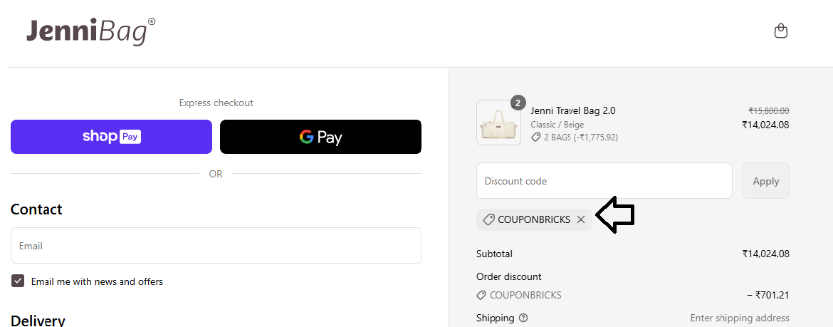 Screenshot of tested coupon for JenniBag