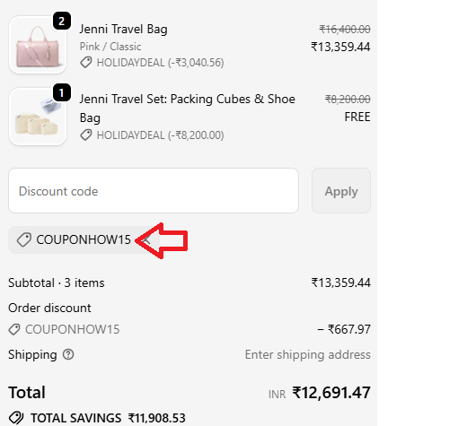 Coupon verification screenshot on JenniBag
