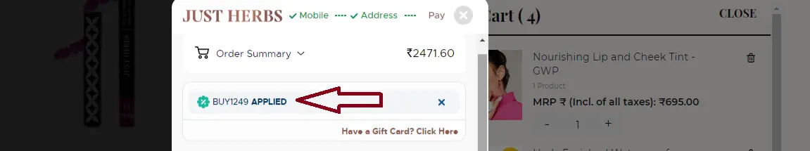 Coupon verification screenshot on Just Herbs