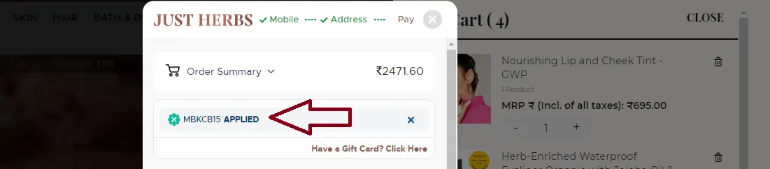 Coupon verification screenshot on Just Herbs