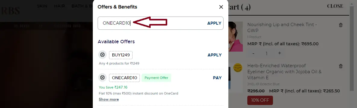 Coupon verification screenshot on Just Herbs