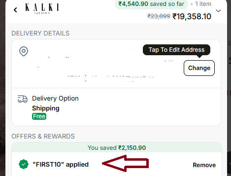Coupon verification screenshot on Kalki Fashion