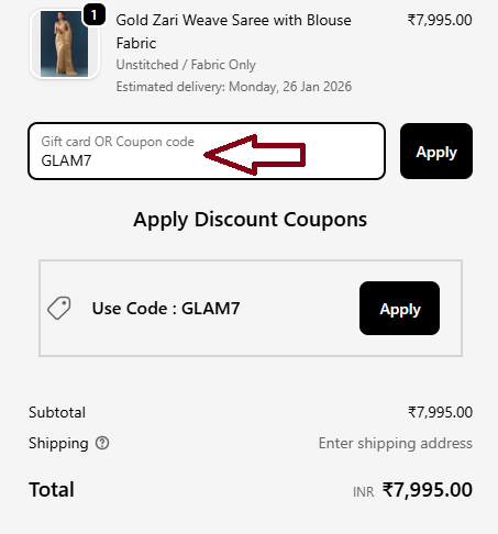 Coupon verification screenshot on Kalki Fashion