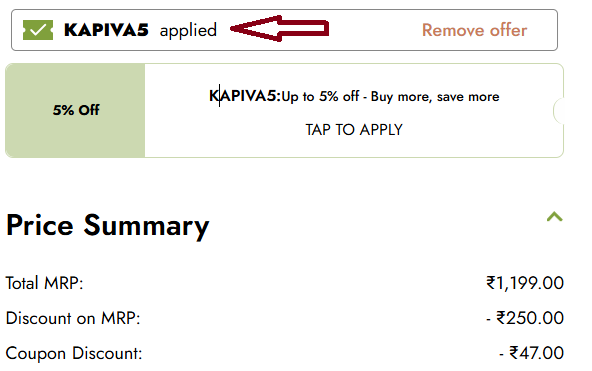 Coupon verification screenshot on Kapiva