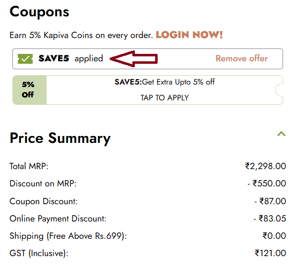 Coupon verification screenshot on Kapiva