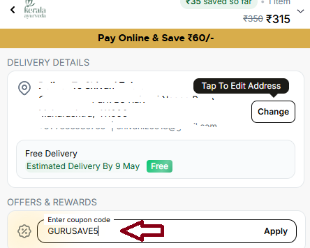 Coupon verification screenshot on Kerala Ayurveda