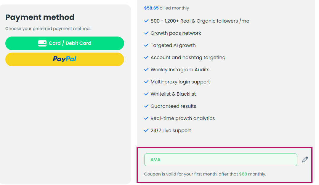 Coupon verification screenshot on Kicksta
