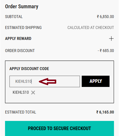 Coupon verification screenshot on Kiehls
