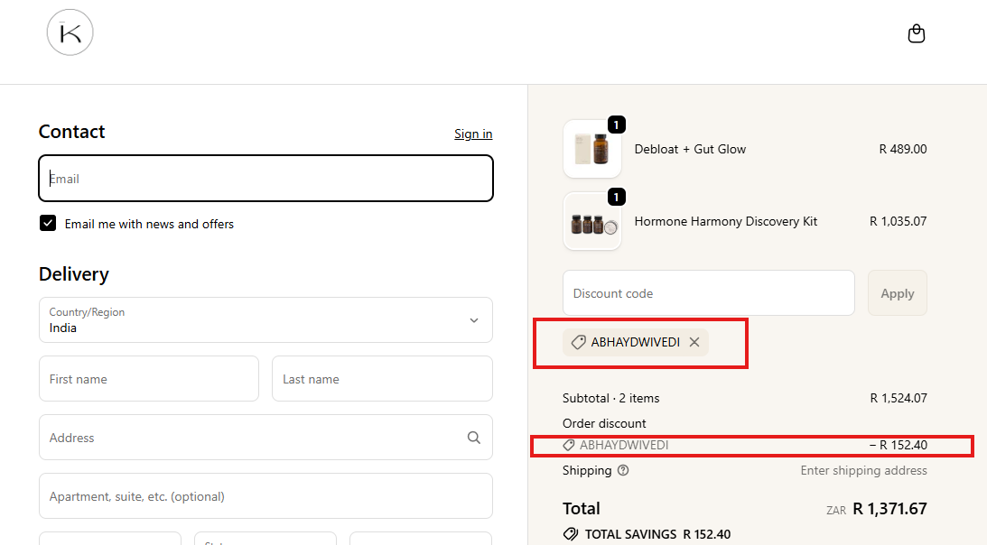 Coupon verification screenshot on Kiko Vitals