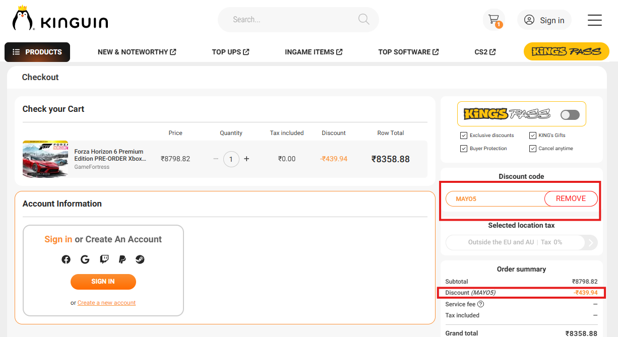 Coupon verification screenshot on Kinguin