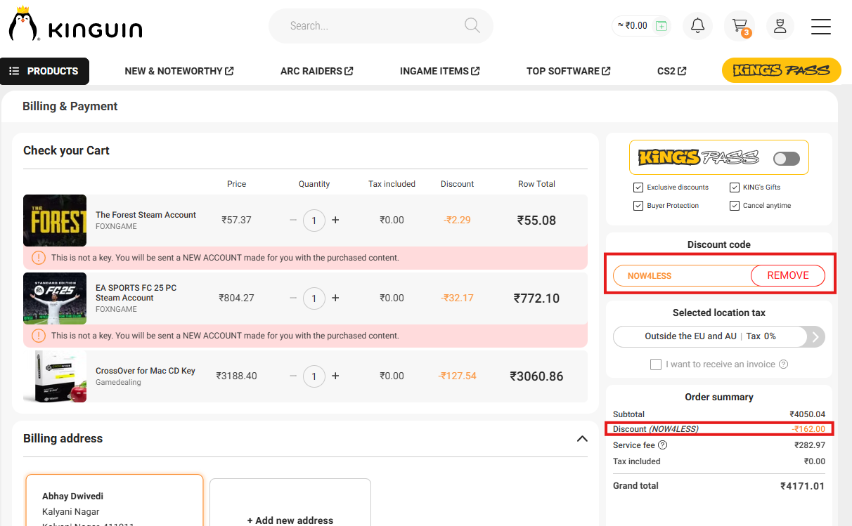 Screenshot of tested coupon for Kinguin