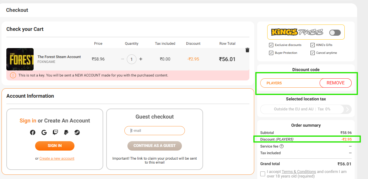 Screenshot of tested coupon for Kinguin