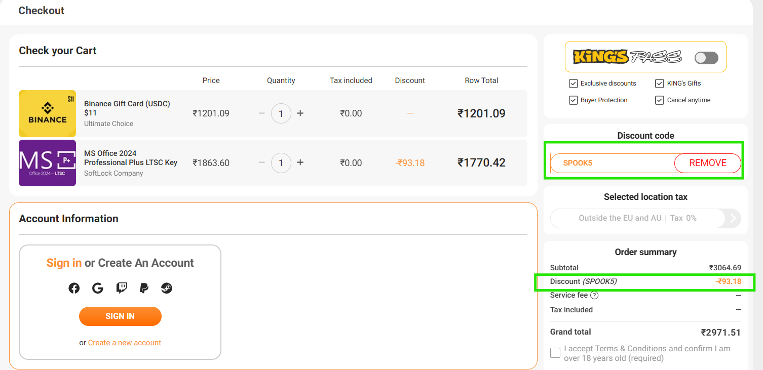 Screenshot of tested coupon for Kinguin