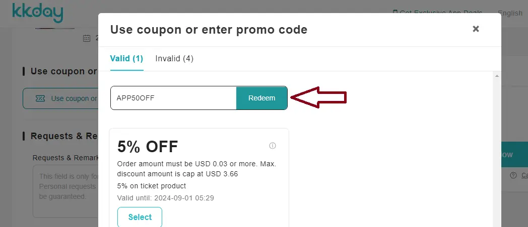 Screenshot of tested coupon for KKDay