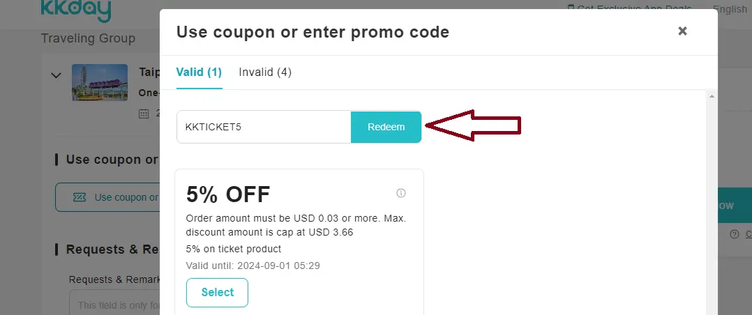 Coupon verification screenshot on KKDay