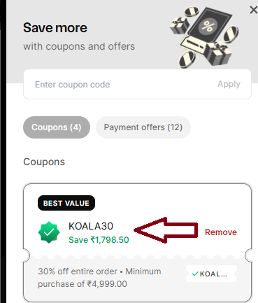 Coupon verification screenshot on Koala