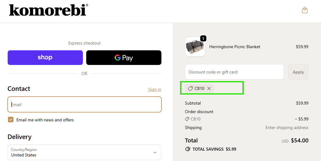 Coupon verification screenshot on Komorebi Collection