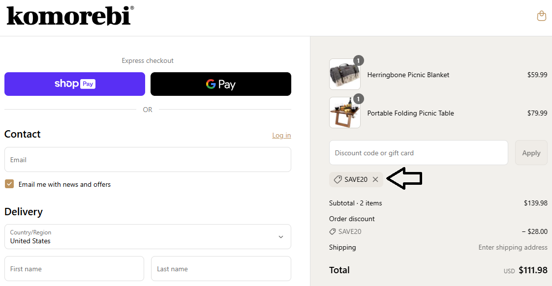 Coupon verification screenshot on Komorebi Collection