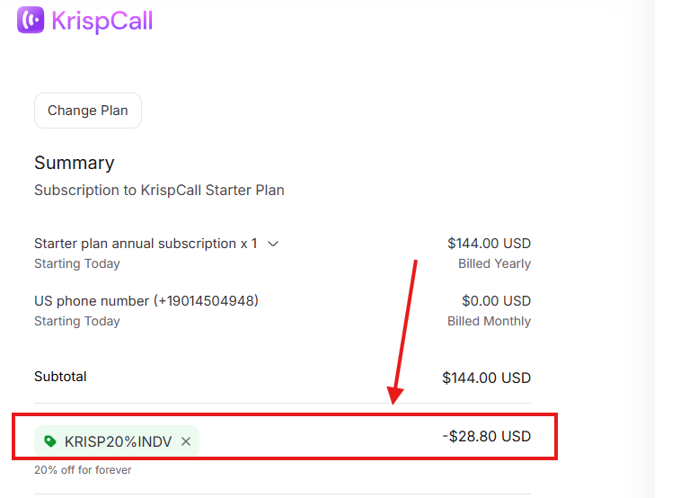 Coupon verification screenshot on KrispCall
