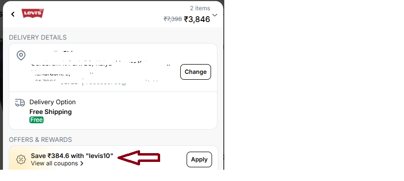 Coupon verification screenshot on Levis