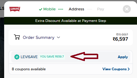 Coupon verification screenshot on Levis