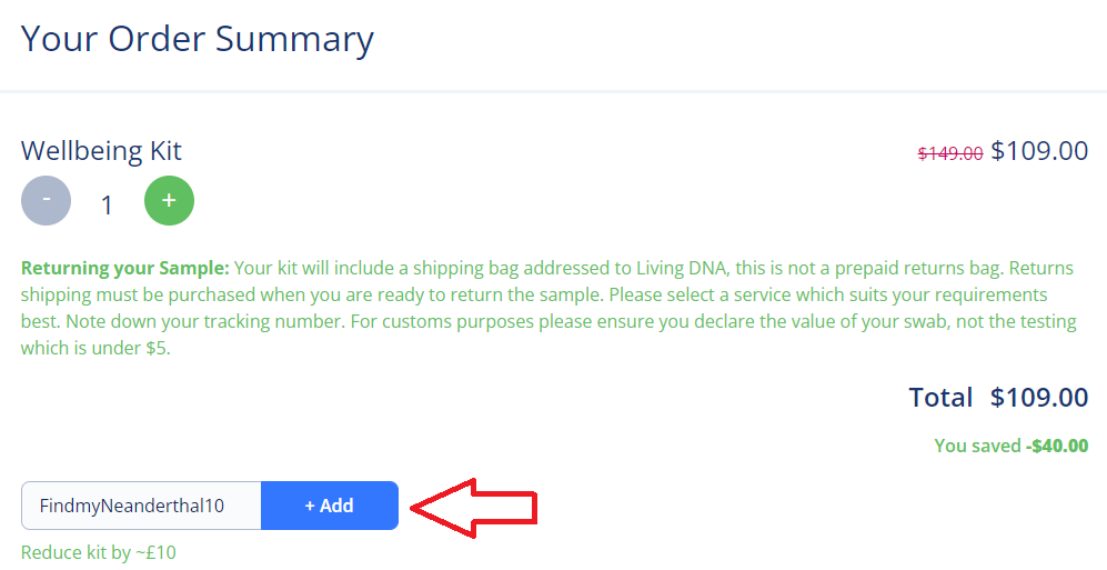 Coupon verification screenshot on Living DNA