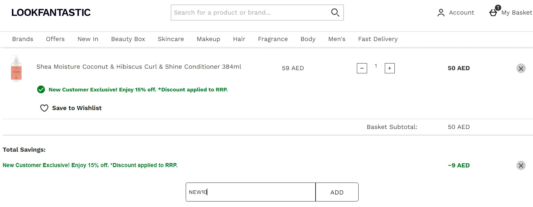 Coupon verification screenshot on Lookfantastic