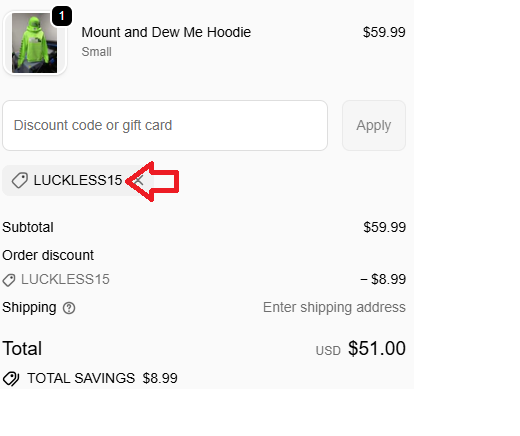 Coupon verification screenshot on Luckless Outfitters
