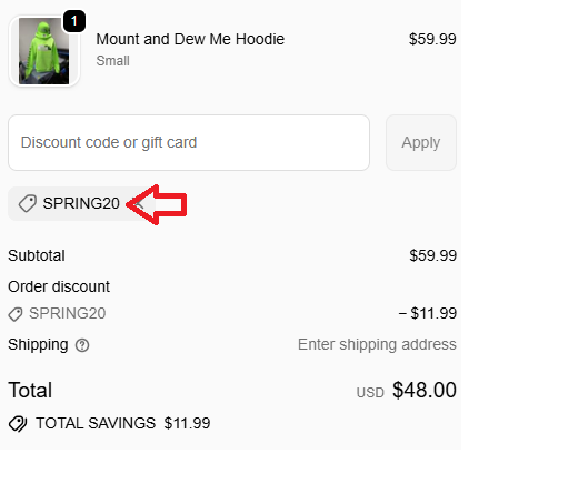 Coupon verification screenshot on Luckless Outfitters