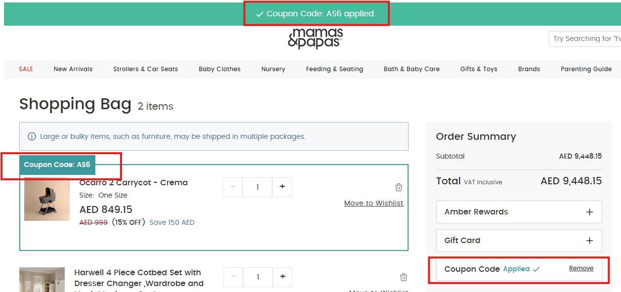Coupon verification screenshot on Mamas & Papas