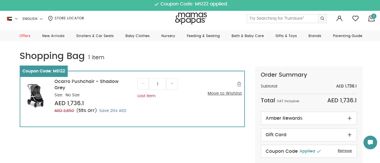 Coupon verification screenshot on Mamas & Papas