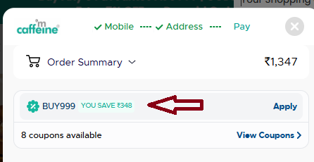 Coupon verification screenshot on MCaffeine