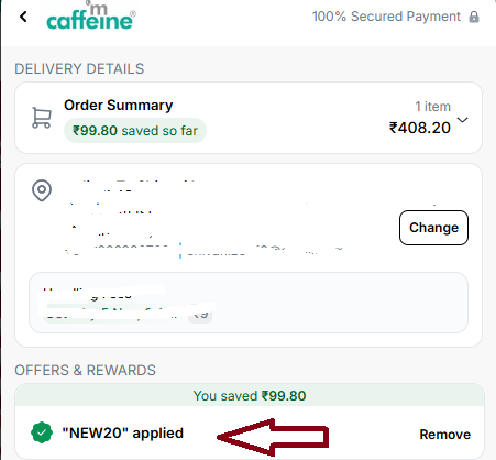 Coupon verification screenshot on MCaffeine