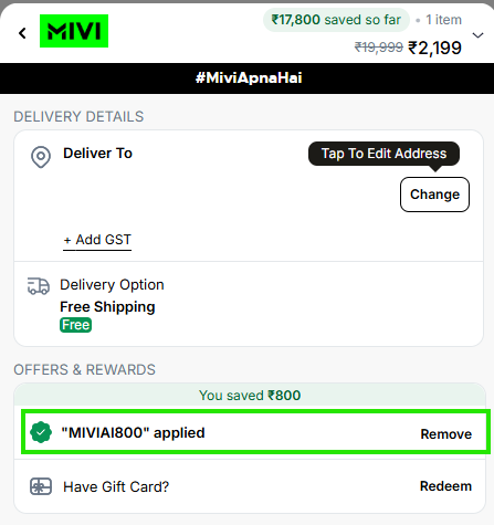 Coupon verification screenshot on Mivi