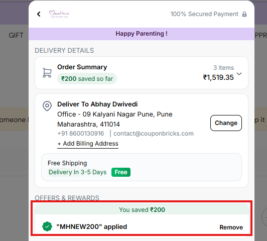 Coupon verification screenshot on Moms Home