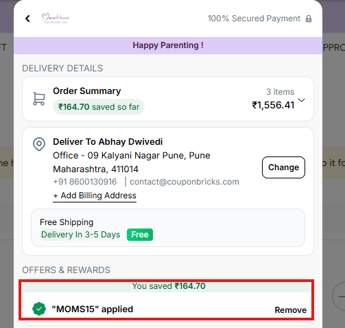 Coupon verification screenshot on Moms Home