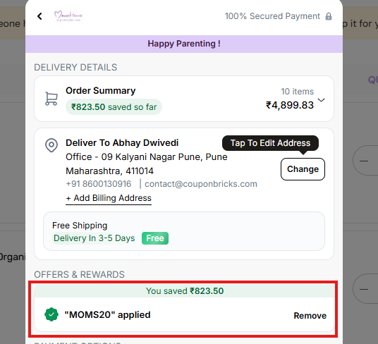 Coupon verification screenshot on Moms Home