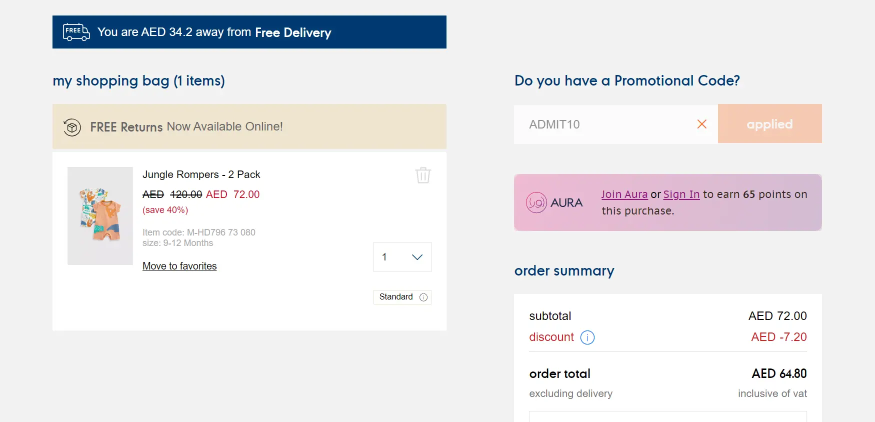 Coupon verification screenshot on Mothercare