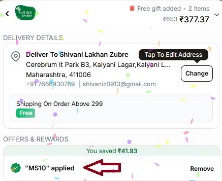 Coupon verification screenshot on Mother Sparsh