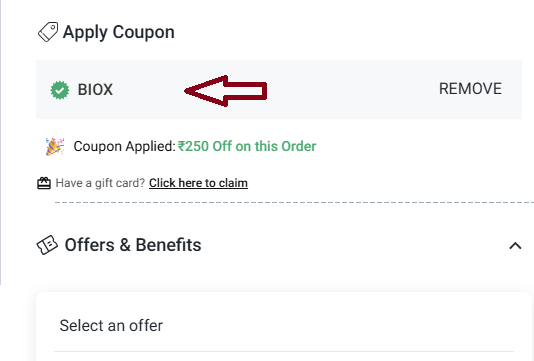Coupon verification screenshot on MuscleBlaze