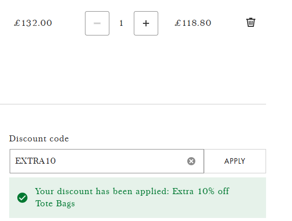 Coupon verification screenshot on MyBag