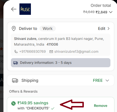 Coupon verification screenshot on My Muse