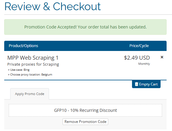 Screenshot of tested coupon for My Private Proxy