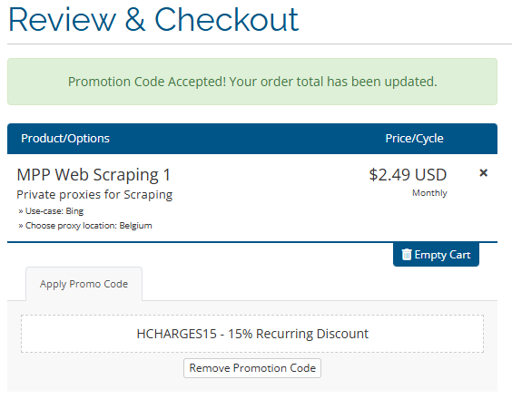 Coupon verification screenshot on My Private Proxy