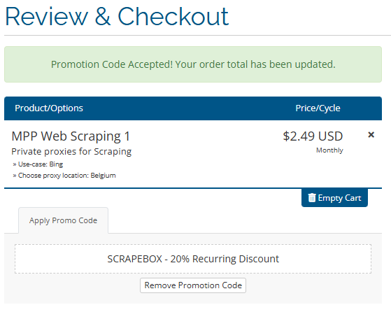 Coupon verification screenshot on My Private Proxy